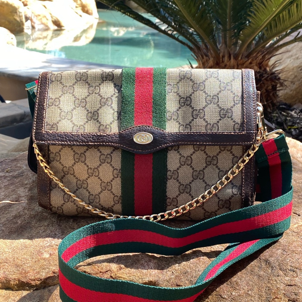 New GG replacement green / red striped handmade crossbody strap w/ gold hardware - Picture 4 of 5